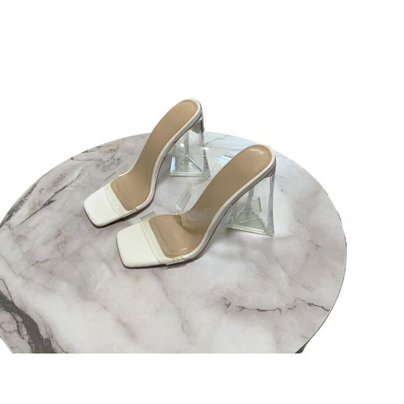 Wild Diva White Clear Strap Square Toe Block Heel Mule Shoes Size 7 4 Inch Heel - Picture 6 of 9